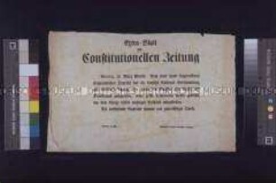 Maueranschlag: Nach einer heute eingetroffenen telegraphischen Depesche hat die deutsche National-Versammlung, auf Welcker's Antrag, den König von Preußen zum Kaiser von Deutschland ausgerufen. Extrablatt zur Constitutionellen Zeitung; Berlin, 12. März