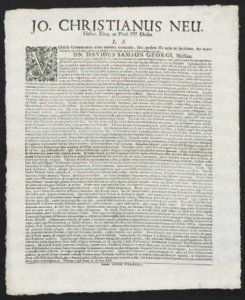 Jo. Christianus Neu, Histor. Eloq. ac Poës. Pp. Ordin. L. S.