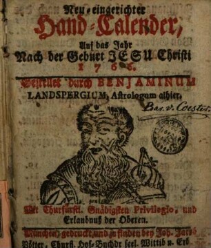 Neu-eingerichter Hand-Calender, Auf das Jahr Nach der Geburt Jesu Christi 1766.