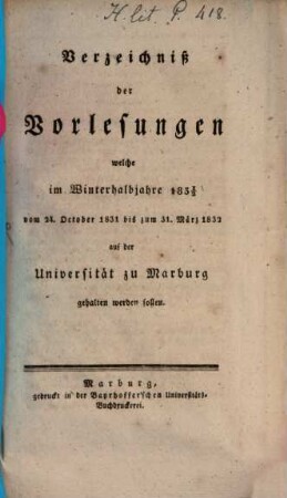 Verzeichnis der Vorlesungen. 1831/32. WH.