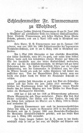 Schleusenmeister Fr. Timmermann zu Wohldorf.