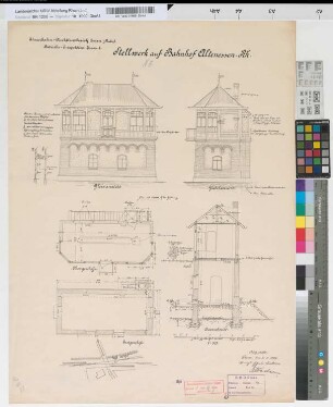 Stellwerk "Nz" auf Bahnhof Altenessen: Grundrisse, Ansichten, Schnitt, Lageplan, M. 1:50 Hgs, Sknr.: 1, Fanr.: 9, Bunr.: 1