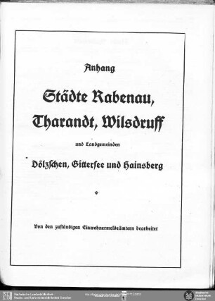 Städte Rabenau, Tharandt, Wilsdruff und Landgemeinden Dölzschen, Gittersee und Hainsberg