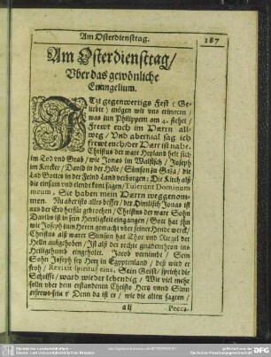 Am Osterdienstag, Uber das gewönliche Evangelium : [Eingang]. [Textus]. Erklerung. Vom Ersten. Vom Andern. Vom Dritten