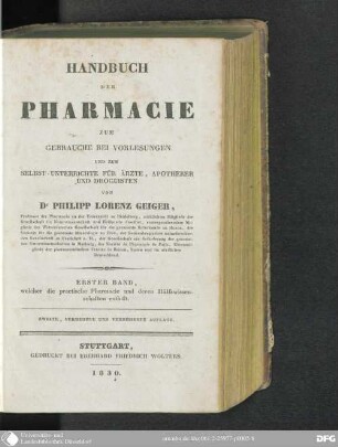 1: Welcher die practische Pharmacie und deren Hülfswissenschaften enthält