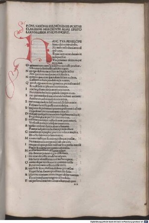 Metamorphoses : mit Versen aus Ovids Tristia (I,7. 35-40). Mit Widmungsbrief an Sicchus Simonetta und Vita Ovidii von Bonus Accursius Pisanus. [1-2], [2]. Heroides