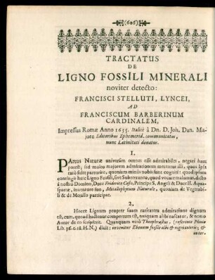 Tractatus De Ligno Fossili Minerali noviter detecto: Francisci Stelluti, Lyncei, Ad Franciscum Barberinum Cardinalem ...