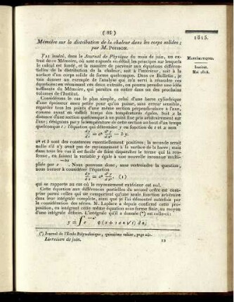 Mémoire sur la distibution de la chaleur dans les corps solides