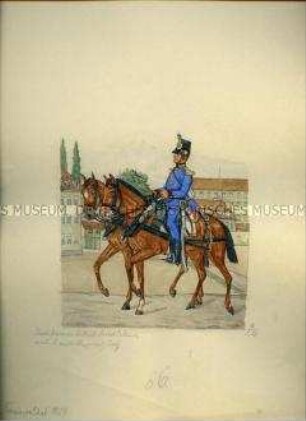 Uniformdarstellung, Trainsoldat zu Pferd, Sachsen, 1859.