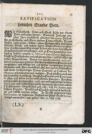 Ratification Loblichen Stands Bern