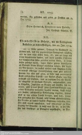 XII. Ebendesselben Rescript, wie die Contagions-Anstalten zu bewerckstelligen, den 20. Jan. 1714