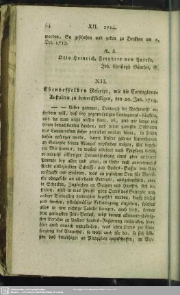 XII. Ebendesselben Rescript, wie die Contagions-Anstalten zu bewerckstelligen, den 20. Jan. 1714