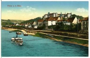 Pirna. Sonnenstein - Elbe mit Dampfer