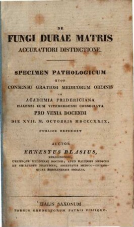De fungi durae matris accuratiori distinctione : Specimen pathologicum