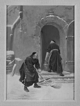 Zwei Mönche im verschneiten Klosterhof