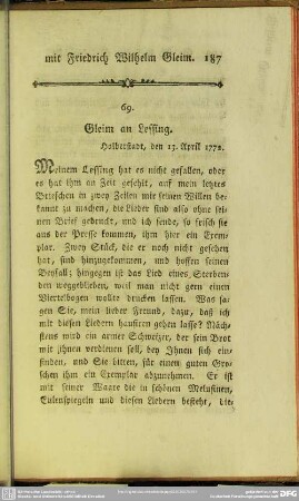 69. Gleim an Lessing. Halberstadt, den 13. April 1772