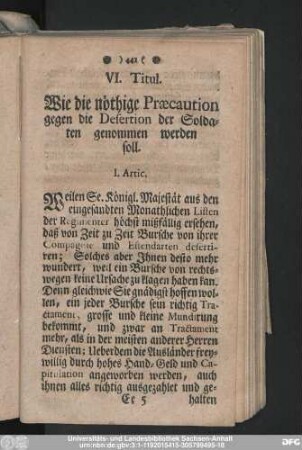 VI. Titul. Wie die nöthige Praecaution gegen die Desertion der Soldaten genommen werden soll.