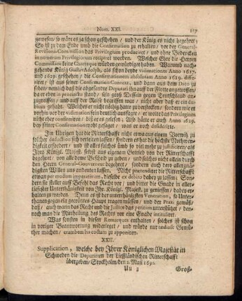 XXII. Supplication, Welche bey Ihrer Königlichen Majestät in Schweden die Deputirten der Lieffländischen Ritterschafft übergeben ...