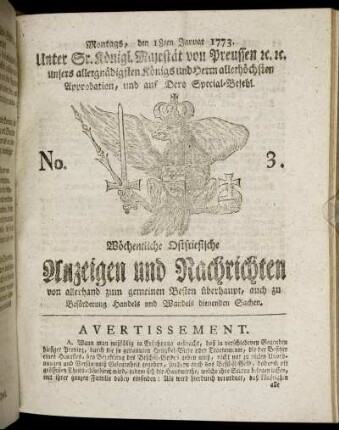 No. 3. Montags, den 18ten Januar 1773.