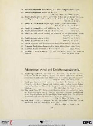 Schnitzereien, Möbel und Einrichtungsgegenstände (Nr. 433-466)