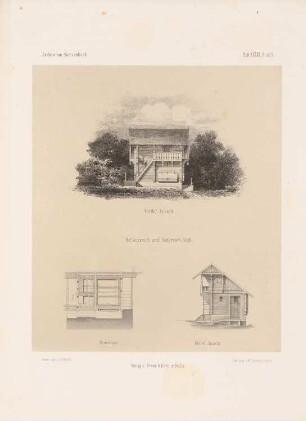 Schwarzvieh- und Federviehstall: Vorderansicht, Giebelansicht, Grundriss (aus: Architektonisches Skizzenbuch, H. 33, 1857)
