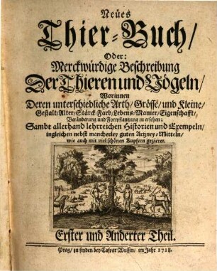 Neues Thier-Buch, Oder: Merckwürdige Beschreibung Der Thieren und Vögeln : Worinnen Deren unterschiedliche Arth, Grösse, und Kleine, Gestalt, Alter, Stärck, Farb, Lebens-Manier, Eigenschafft, Veränderung und Fortpflantzung zu ersehen; Sambt allerhand lehrreichen Historien und Exempeln, ingleichen nebst mancherley guten Artzney-Mitteln, wie auch mit viel schönen Kupfern gezieret ; Erster und Anderter Theil