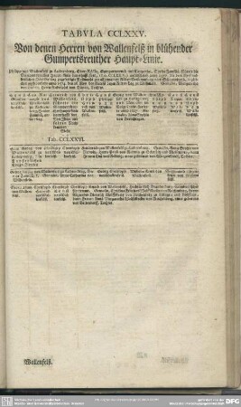 Tabula CCLXXV. Von denen Herren von Wallenfelß in blühender Gumpertsreuther Haupt-Linie