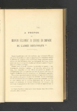 A Propos Du Nouveau Règlement Du Service En Campagne De L'Armee Britannique.