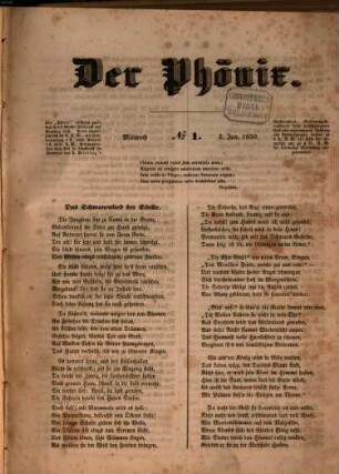 Der Phönix : Zeitschrift für Literatur, Kunst, Geschichte, Vaterlandskunde und Wissenschaft. [1.] 1850