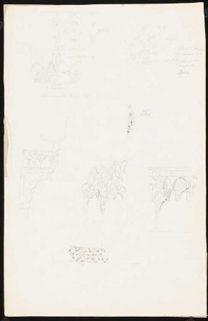 Alhambra, Granada: Skizzen u.a. von Säulen, Bogen, Fries, Fenster (u.a. mit Farbangaben)