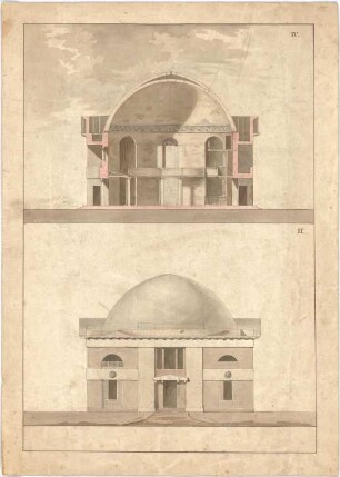 Voit, Johann Michael; Entwurf für eine Synagoge - Ansicht, Querschnitt