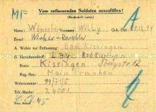 Entlassungsschein aus der Wehrmacht für Willy Wünscher
