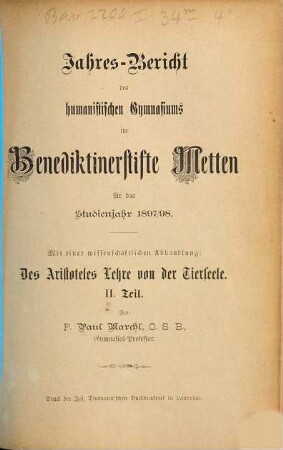 Jahresbericht des Humanistischen Gymnasiums im Benediktinerstifte Metten. 1897/98