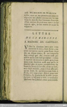 Lettre De La Baronne A Madame Du Castelet