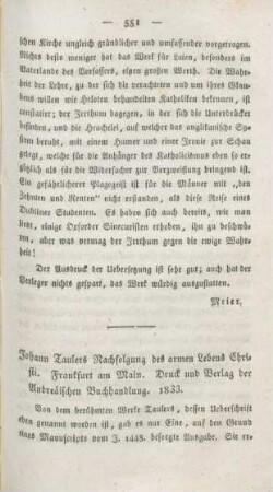 551-557 [Rezension] Johann Tauler's Nachfolge des armen Lebens Christi
