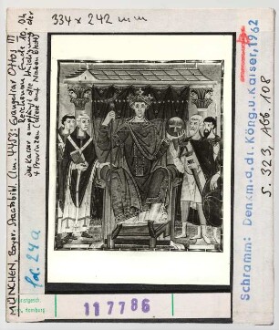 München, Staatsbibliothek: Clm 4453, sog. Evangeliar Ottos III., fol. 24 a: Thronender Kaiser (Otto III.)