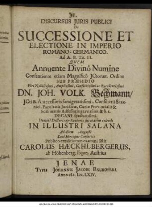 Discursus Iuris Publici De Successione Et Electione In Imperio Romano-Germanico : Ad A. B. Tit. II.