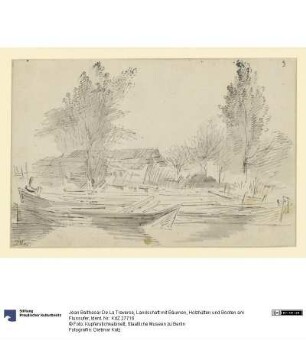Landschaft mit Bäumen, Holzhütten und Booten am Flussufer