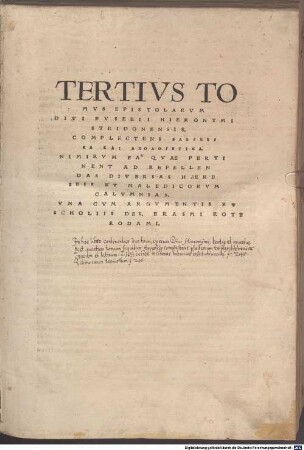 Omnivm Opervm Divi Eusebii Hieronymi Stridonensis Tomvs ..., 3. Complectens Elenktika kai Apologetica, Nimirum Ea Quae Pertinent Refellendas Diversas Haereseis Et Maledicorum Calumnias