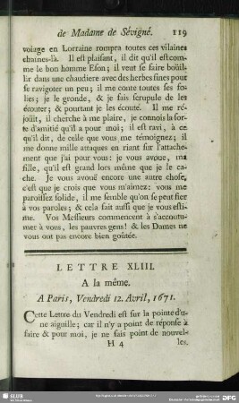 Lettre XLIII. A la même. A Paris, Vendredi 12. Avril, 1671