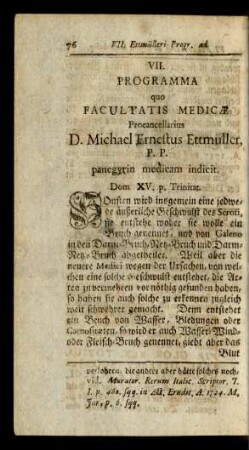 VII. Programma quo Facultatis Medicae Procancellarius D. Michael Ernestus Ettmüller, ...