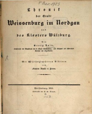 Chronik der Stadt Weissenburg im Nordgau und des Klosters Wülzburg