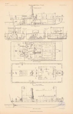 Dortmund-Ems-Kanal Werkstattschiff: Seitenansicht, Grundrisse, Schnitte 1:100 (aus: Atlas zur Zeitschrift für Bauwesen, hrsg. v. Ministerium der öffentlichen Arbeiten, Jg. 52, 1902)