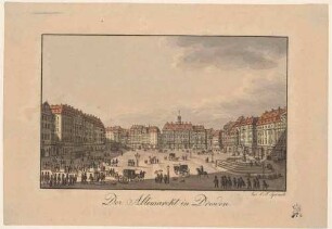 Der Altmarkt in Dresden nach Westen, links das Chaisenhaus, in der Mitte das Rathaus, rechts der Justitia-Brunnen