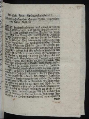 Reichs- Frey- Hochwohlgebohrner, Insonders Hochgeehrte Herren, Ritter-Hauptmann und Ritter-Räthe ...