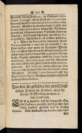 91-98b, Von den Angesichten der zwölff Himlischen Zeichen im Zodiaco, was die Sonne für Wirckung in einem iedem Hause habe.