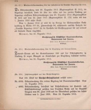 Nr. 273: Inhaltsverzeichnis aus dem Reichs-Gesetzblatt