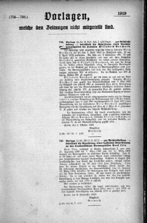 Anlage: (756-760.), Vorlagen, welche den Zeitungen nicht mitgeteilt sind, 11. Oktober 1919