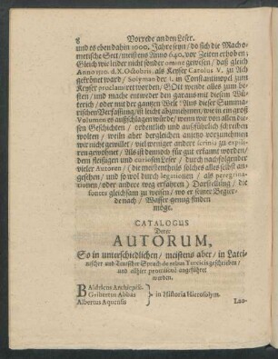 Catalogus Derer Autorum, So in unterschiedlichen/ meistens aber/ in Lateinischer und Teutscher Sprach ... geschrieben ...
