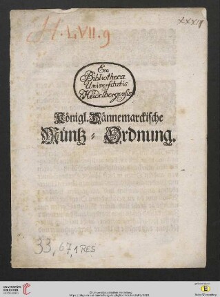 Königl. Dännemarckische Müntz=Ordnung : [Glückstadt, den 15. Novembris, Anno 1689.]